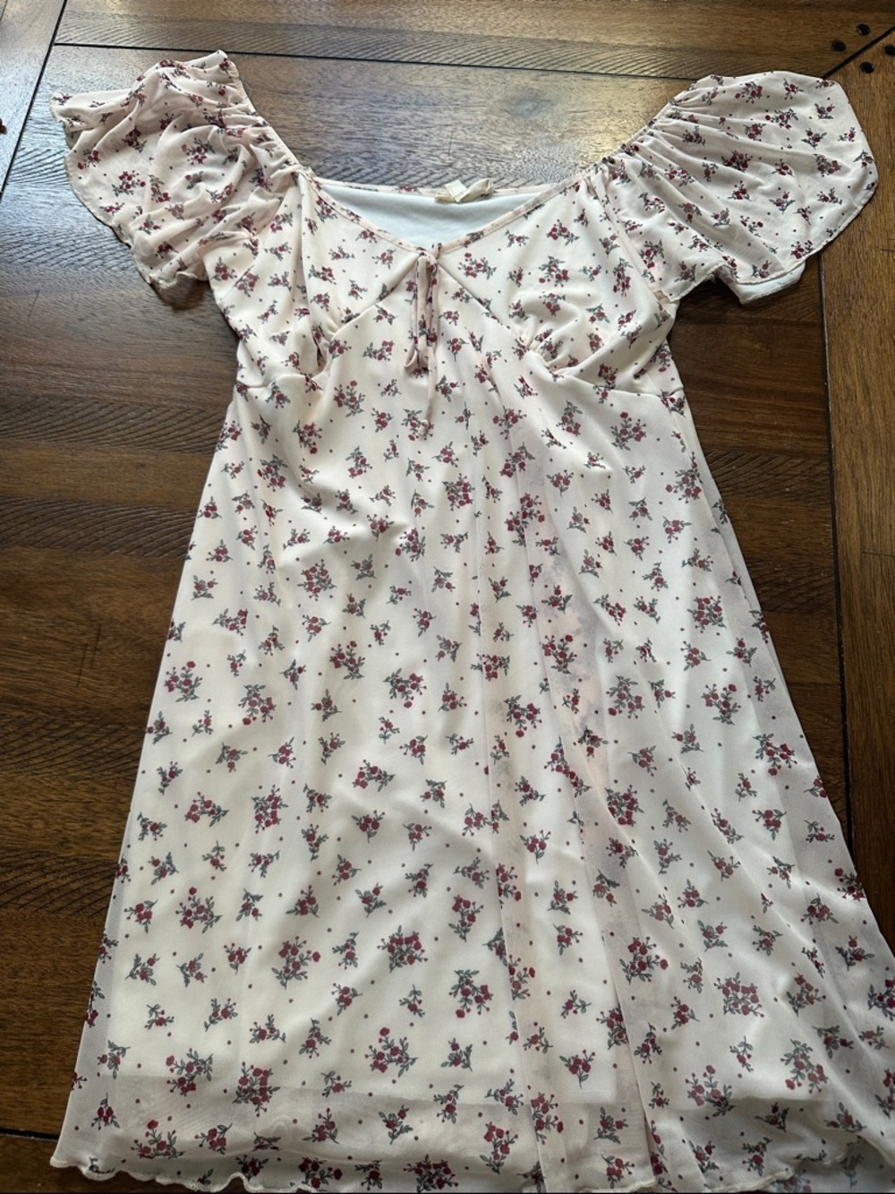 See You Monday Cream Top with Red Floral Trim